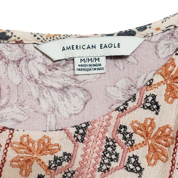 SOLD-American Eagle Pink Patchwork Peasant Top Boho Embroidered Tassel Flare M - Picture 8 of 16